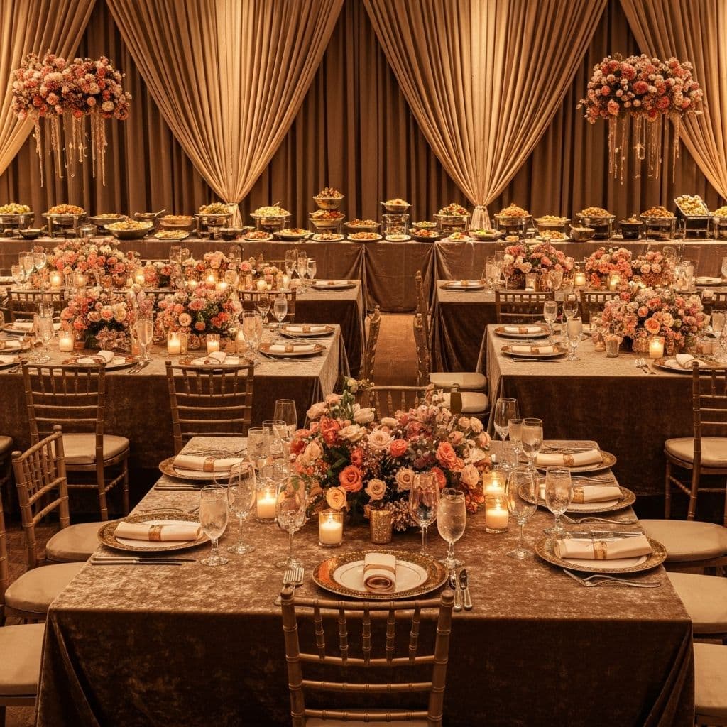 Beautifully decorated event venue for wedding reception