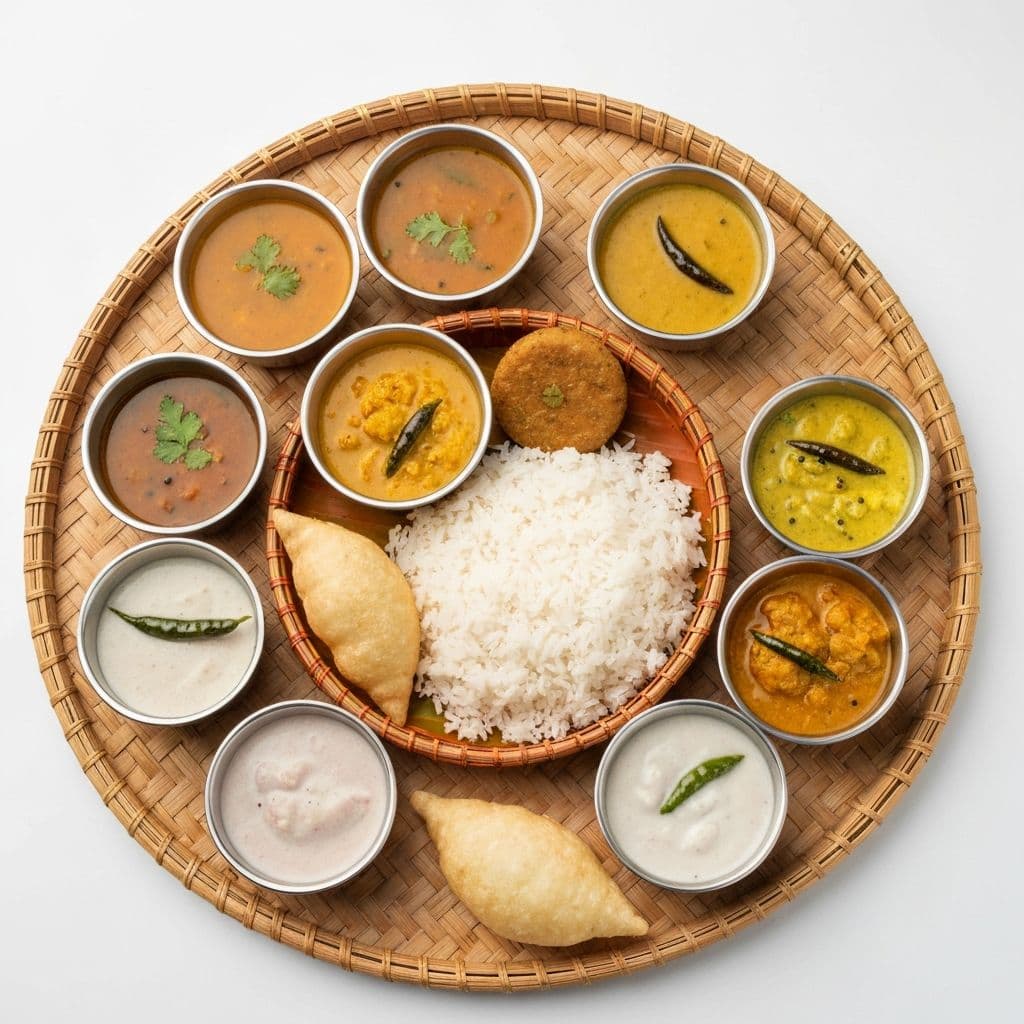Traditional South Indian thali with multiple dishes served on a banana leaf